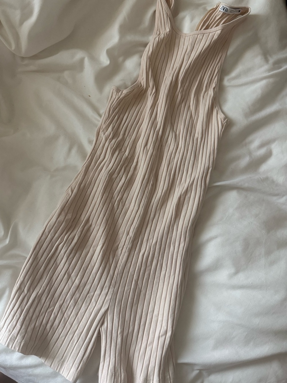 Zara Ribbed Sleeveless Jumpsuit in Light Beige